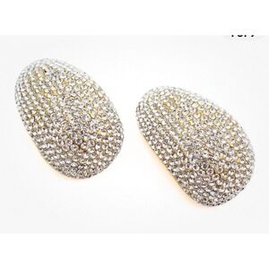 J Sarim Gold Tone Crystal Pave Oval Clip On Earrings Made in USA Statement Glam